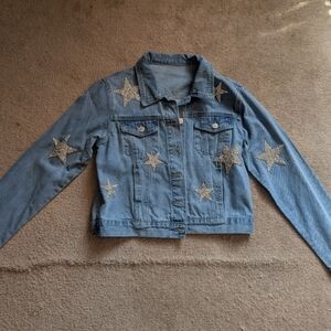 Embellished Star Denim Jacket - Light Blue